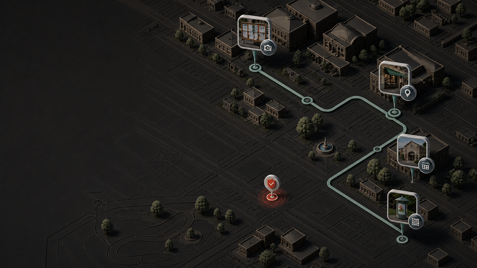A dark modular city route connecting approved local campaign placements.