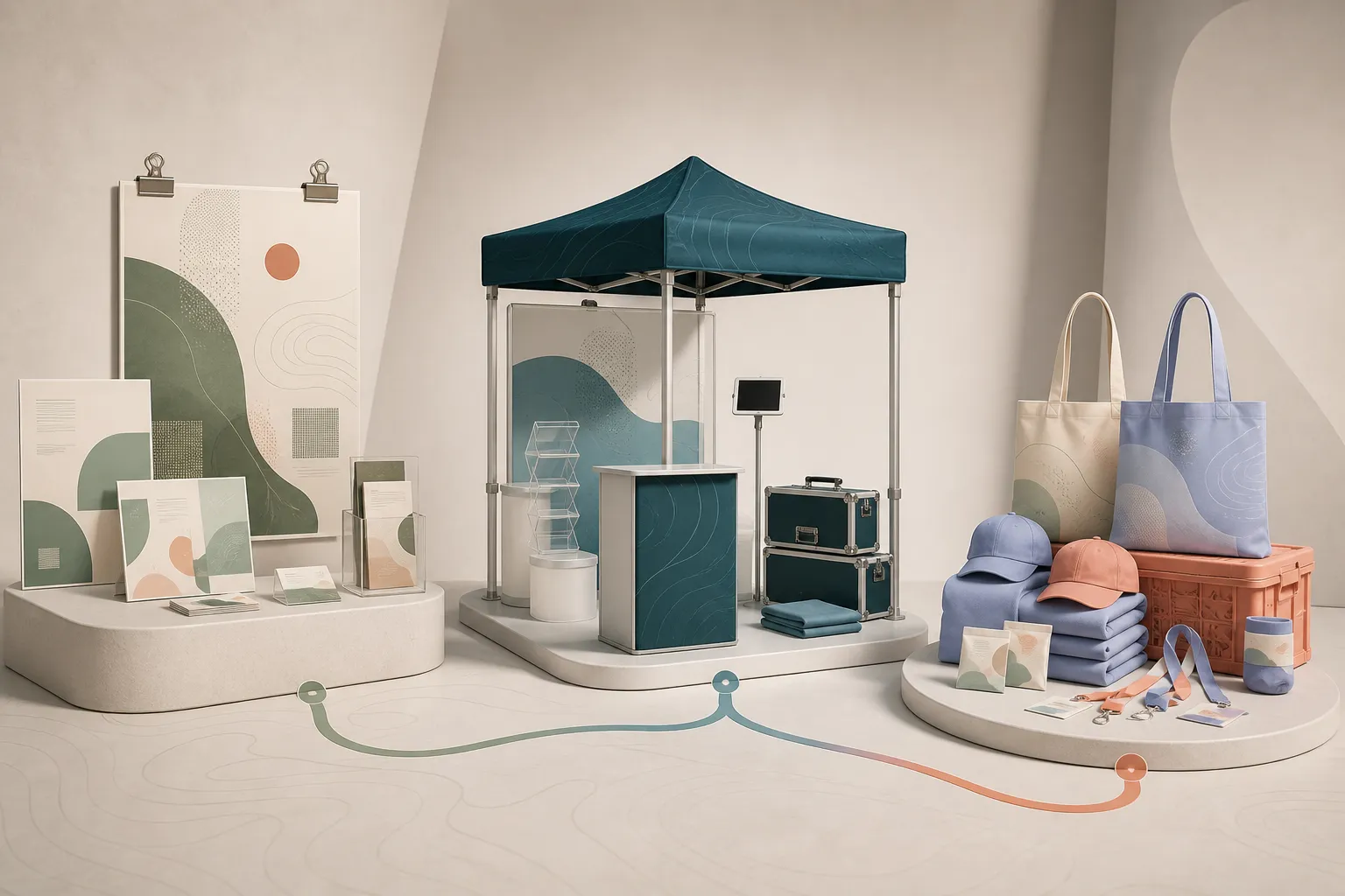 Premium PromoRun poster, booth, and merchandise campaign packages displayed in a designer showroom.